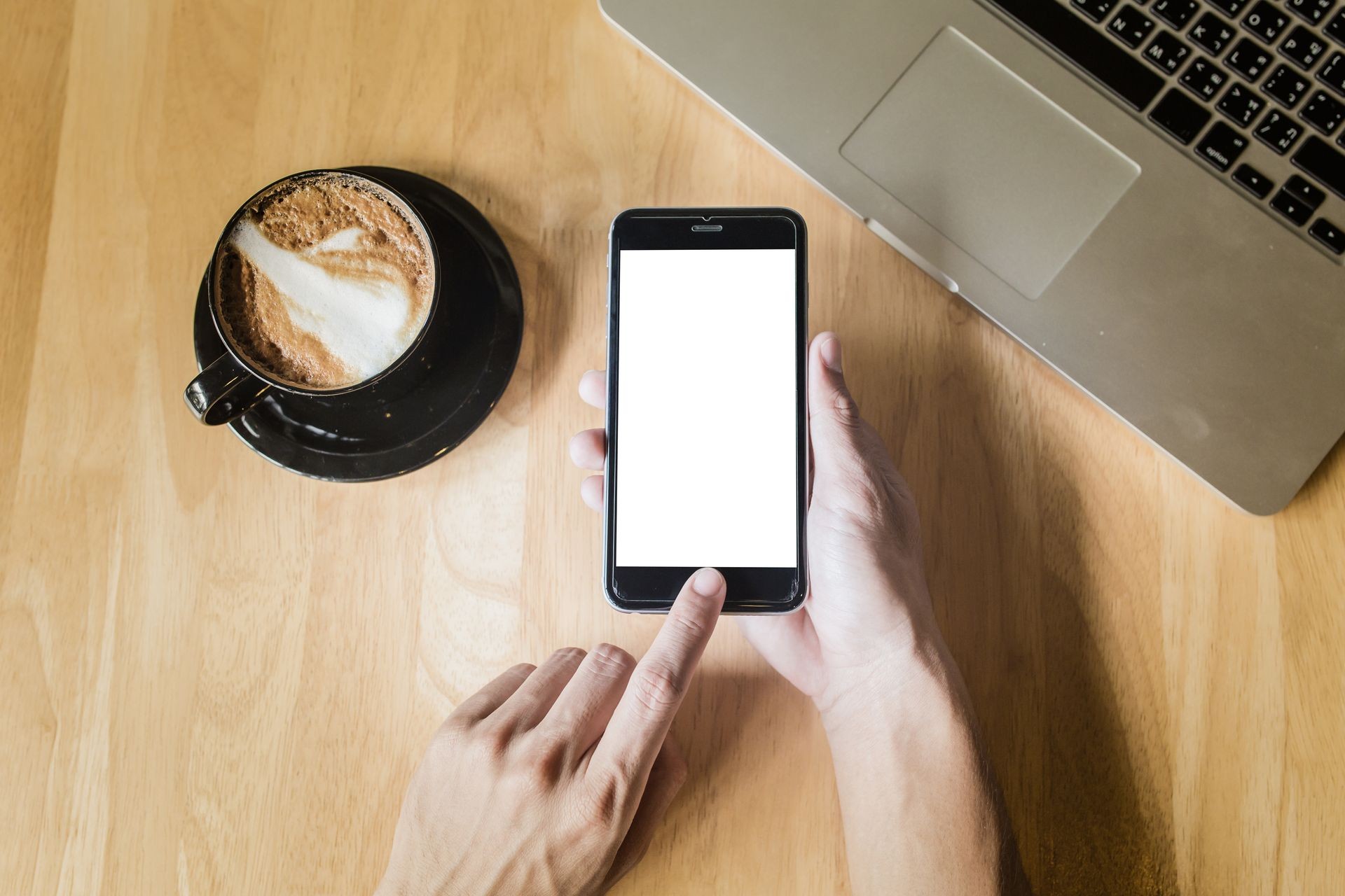 hand using smartphone with white screen, hand using phone white screen on top view